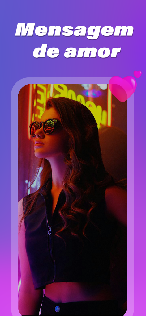 LED Banner : Make It Big Text - 네온 불빛이 비치는 환경에서 선글라스를 낀 젊은 여성, Mensagem de amor 텍스트와 분홍색 하트