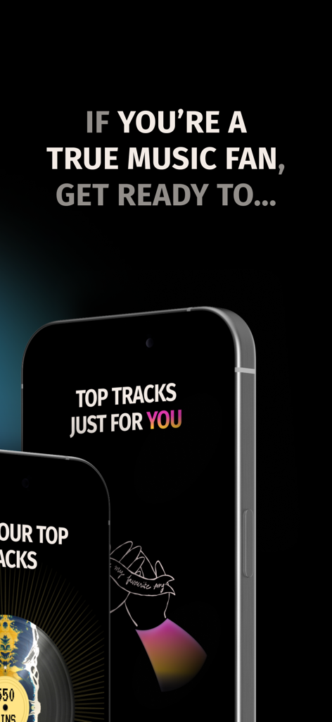 Muzify Inc - Muzify Inc app interface on an iPhone showing personalized music stats and top tracks