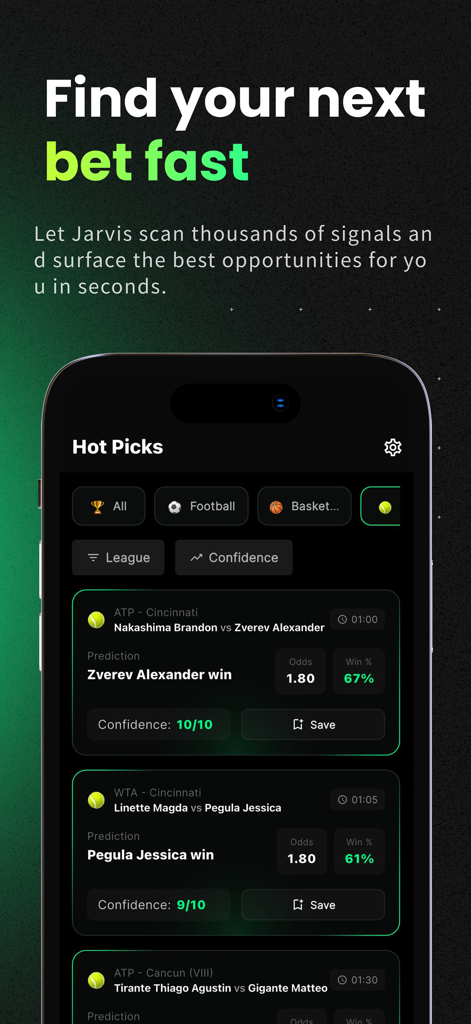Jarvis Bet mobile app showing AI-powered hot picks and sports betting predictions for tennis matches