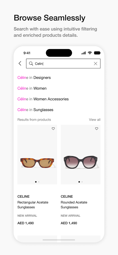 Bloomingdale’s Middle East - ブルーミングデール 中東アプリのスクリーンショット。セリーヌのサングラスの検索結果、製品画像、AEDでの価格を表示。