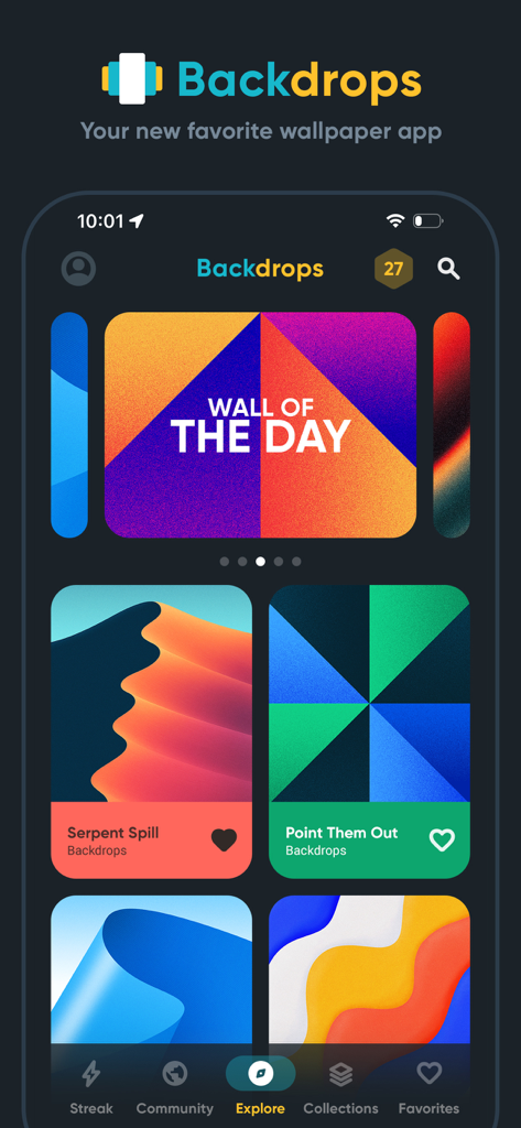 Backdrops Wallpaper App-Oberfläche mit dem Tab 'Explore' mit bunten geometrischen Designs und dem Banner 'Wall of the Day'.