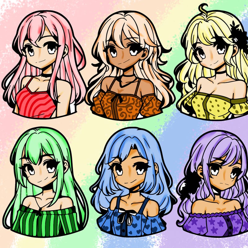 6 beautiful anime girls lined up