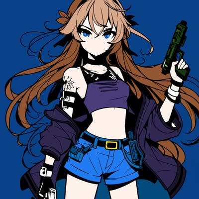 bad girl wearing crop top holding a gun long hair anime