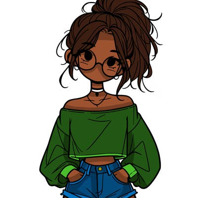 girl with a messy ponytail glasses a baggy crop top and jean shorts