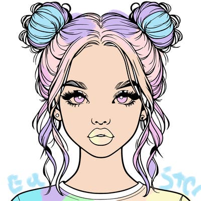 realistic girl with two buns in hair and lips