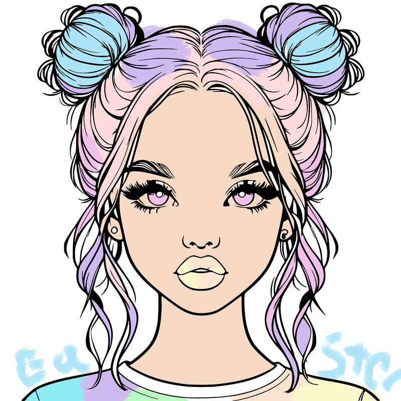 realistic girl with two buns in hair and lips