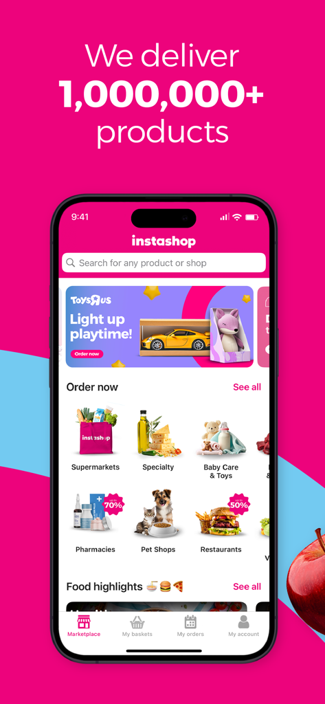 instashop: Groceries & more - InstaShop-App-Startbildschirm mit Einkaufskategorien für Supermärkte, Apotheken, Tiergeschäfte und Restaurants