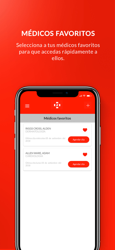 Smartphone screen of Peruano Japones SALUD app showing the favorite doctors feature and appointment scheduling options