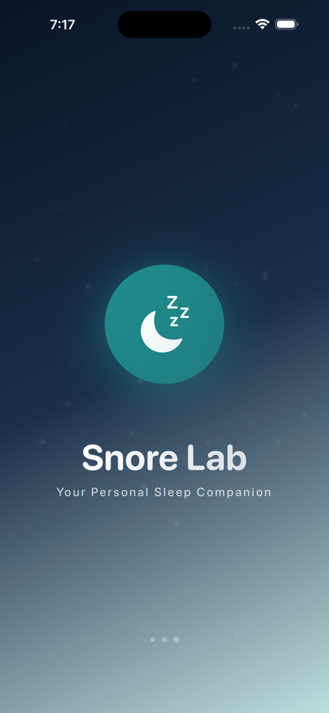 Snore Recorder Tracker - Intro screen for Snore Lab app featuring a moon icon and the text Your Personal Sleep Companion.