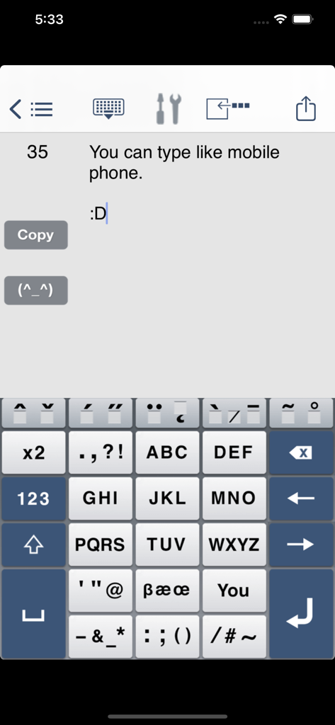 Phone Pad SMS / Mail Keyboard - Pantalla de la aplicación de iPhone con un teclado numérico grande y diseño de escritura T9 para SMS y correo electrónico