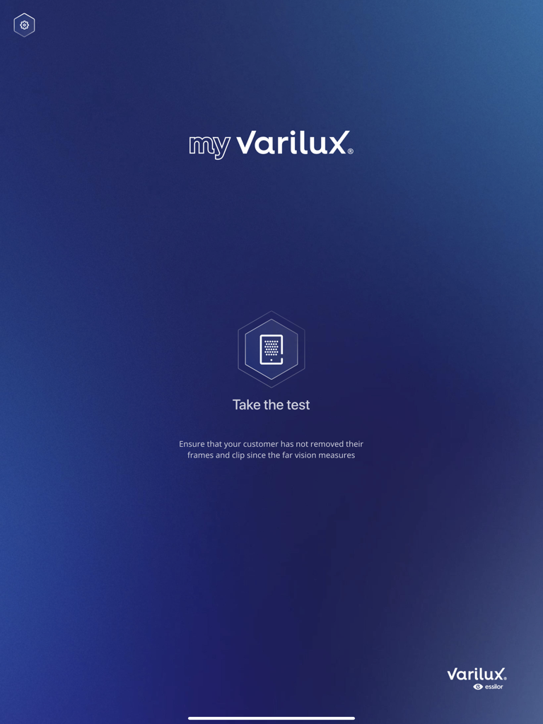 Pantalla de inicio de la aplicación de medición de lentes My Varilux para profesionales