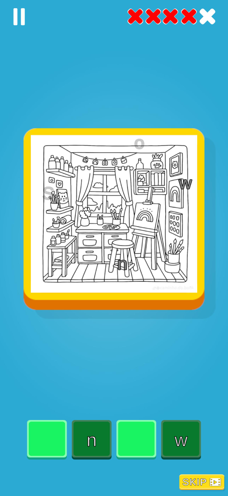 Un nivel de puzle de la aplicación 'Encuentra la letra oculta' que muestra un dibujo lineal de un estudio de artista con letras camufladas