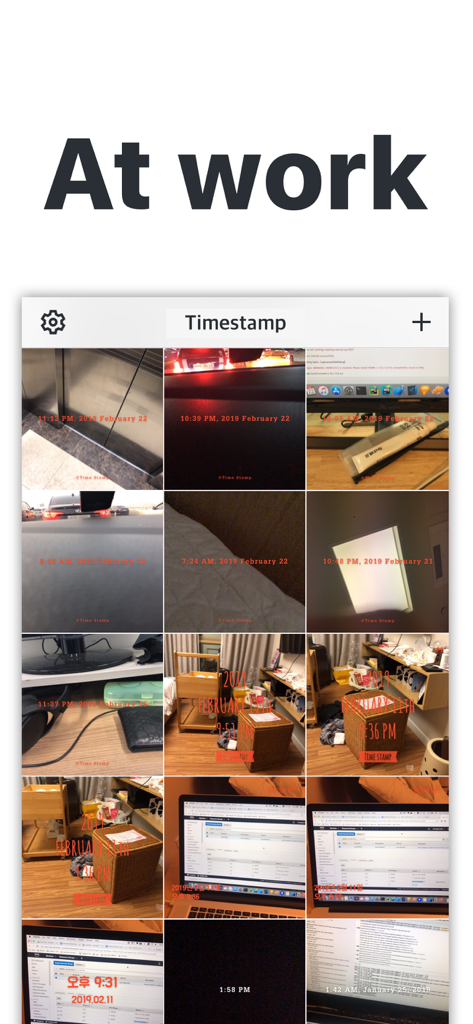 Timestamp Camera - Date Stamp - Captura de tela do aplicativo Câmera de Carimbo de Data/Hora mostrando uma grade de fotos com carimbos de data e hora para documentação de trabalho