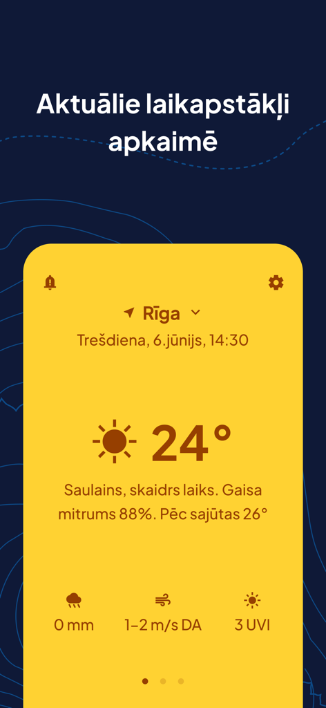 Captura de pantalla de la aplicación Meteo.lv que muestra el clima actual en Riga con un pronóstico de 24 grados soleados