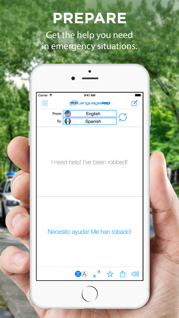 Translate Voice - Language Translator & Dictionary - Smartphone screen showing an emergency translation from English to Spanish