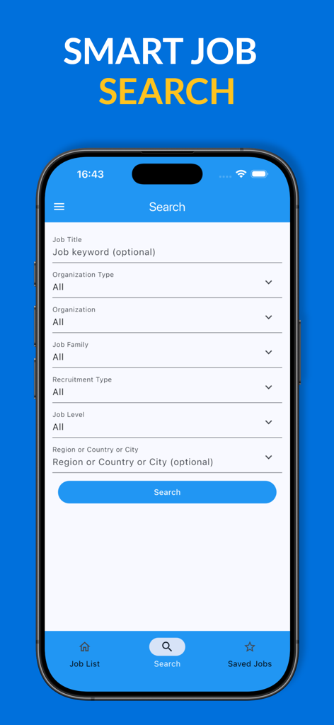 Search screen of the UN and NGO Jobs app featuring filters for job title, organization, and location.