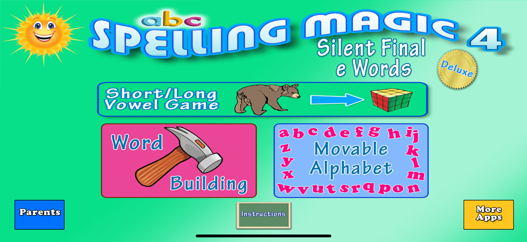 SPELLING MAGIC 4 for Schools - Spelling Magic 4 for Schools app main menu showing silent e word games and movable alphabet options