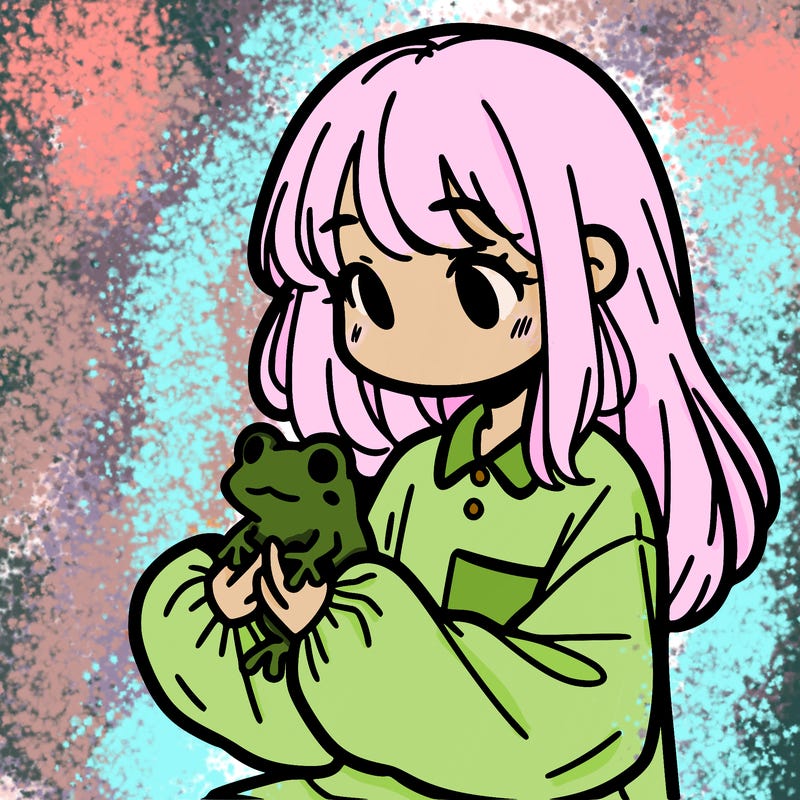 girl with long hair and a oversized shirt. and she is holding a frog