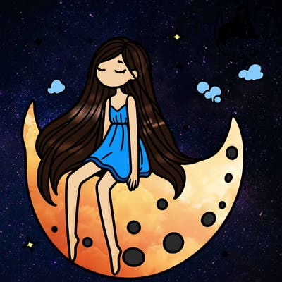 a girl siting on the moon long hair