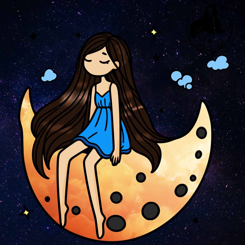 a girl siting on the moon long hair