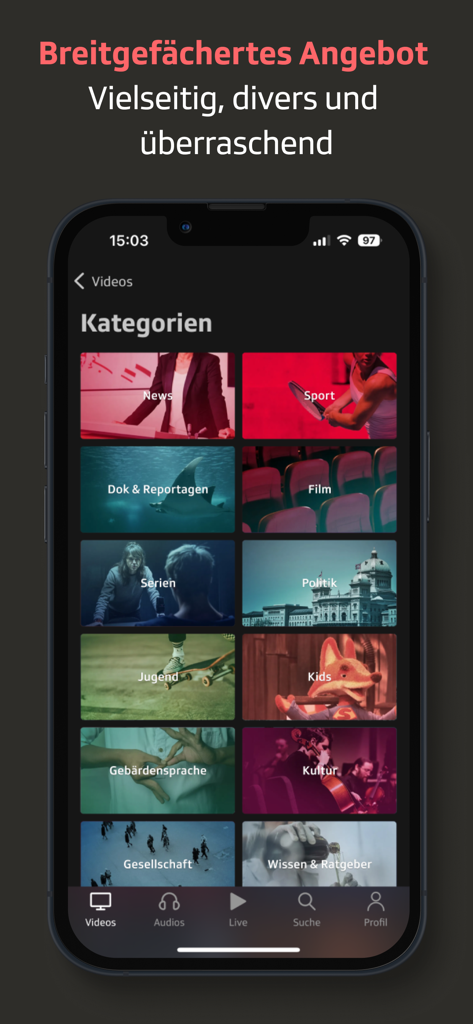Interfaccia dell'app Play SRF che mostra una griglia di categorie video tra cui notizie, sport, documentari e film