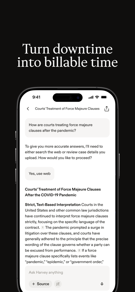 Harvey AI - Interfaz de la aplicación móvil Harvey AI que muestra una consulta de investigación legal sobre cláusulas de fuerza mayor en la pantalla de un smartphone