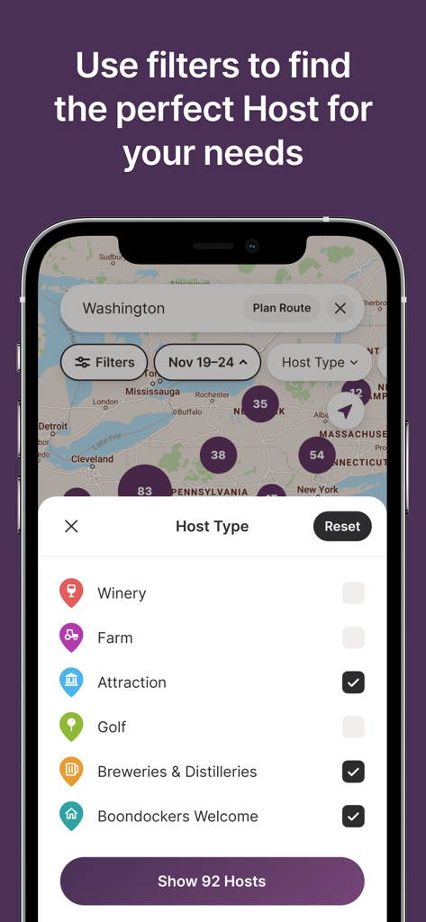 Harvest Hosts - RV Camping - Interface do aplicativo Harvest Hosts mostrando filtros para tipos de anfitriões de acampamento de RV, como vinícolas, fazendas e cervejarias