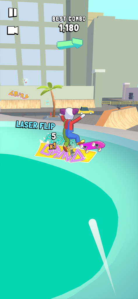 Perfect Grind - Um personagem colorido fazendo um truque de laser flip em um skate rosa em um park urbano no Perfect Grind