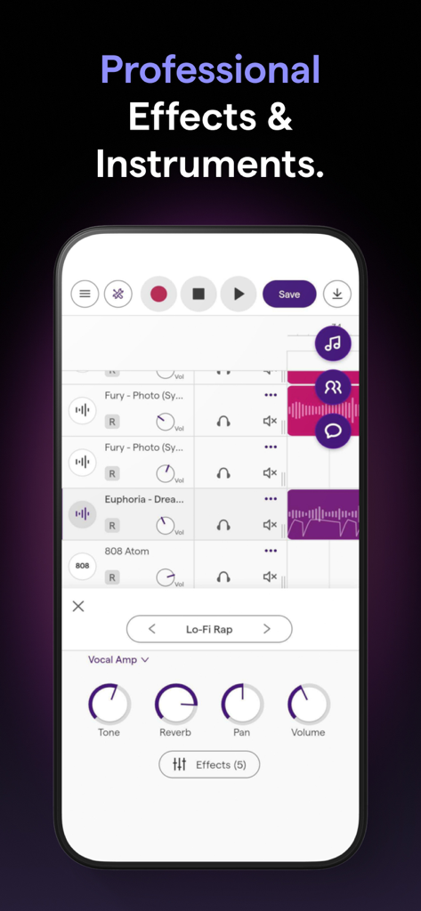 Soundtrap: Music Making Studio - Interfaz de la aplicación Soundtrap con efectos vocales profesionales y producción musical multipista.