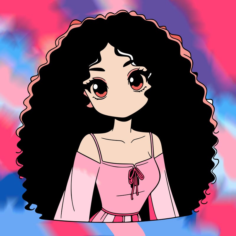 a black anime girl with long afro hair
