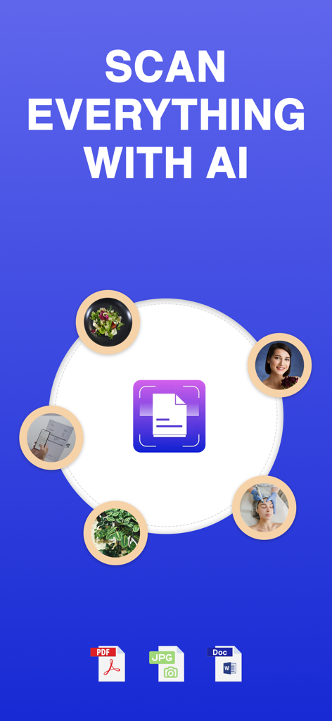 ProScan - Scanner To PDF - PDF、JPG、DOC形式のアイコンが付いたProScan AIスキャン機能を示すモバイルアプリのスクリーンショット