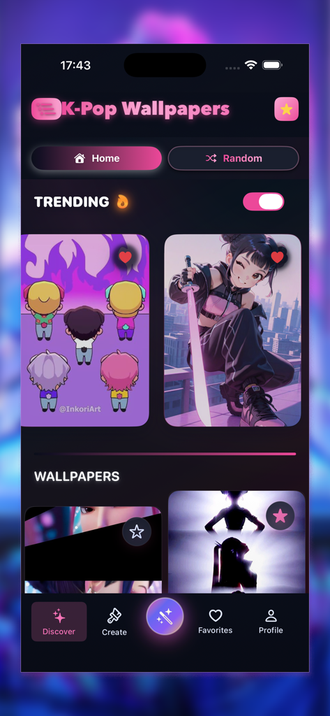 Interfaz de la aplicación móvil que muestra fondos de pantalla de K-pop y estilo anime de moda con un tema rosa neón.