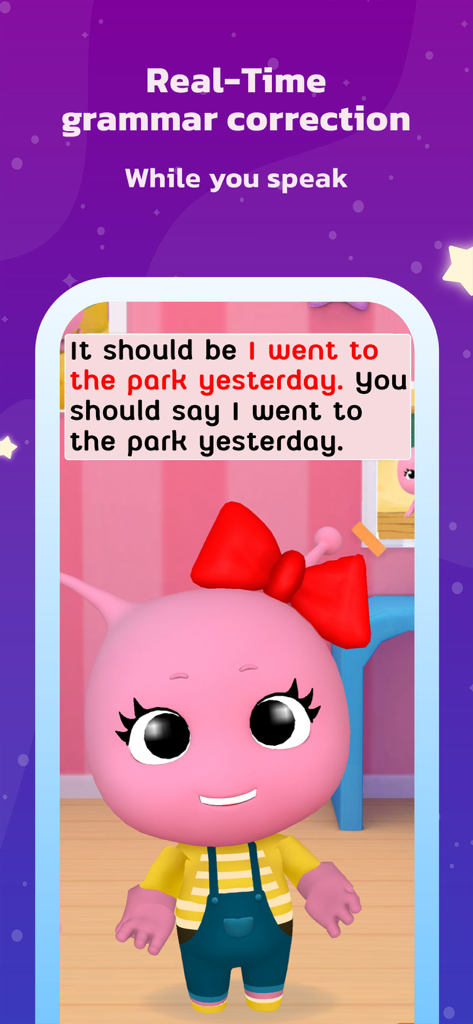 Galaxy Kids - Learning English - Eine KI-Figur in der Galaxy Kids App gibt während des Sprechens von Englisch durch ein Kind Korrekturen in Echtzeit für Grammatik