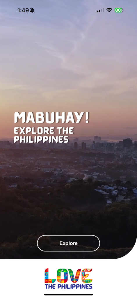 Travel Philippines - Travel Philippines app splash screen with city view and Mabuhay greeting