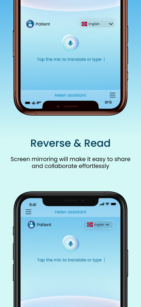 Interface de l'application médicale Helen Assistant présentant la fonction de mise en miroir de l'écran inversé et de lecture.