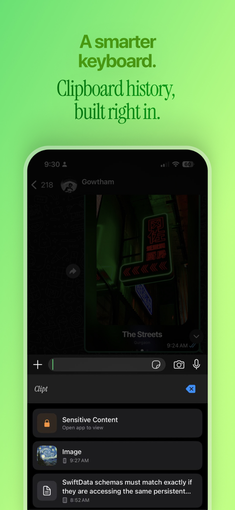 Clipt - Clipboard History - Screenshot dell'iPhone che mostra l'estensione della tastiera Clipt con elementi della cronologia appunti integrati come immagini e contenuti sensibili bloccati