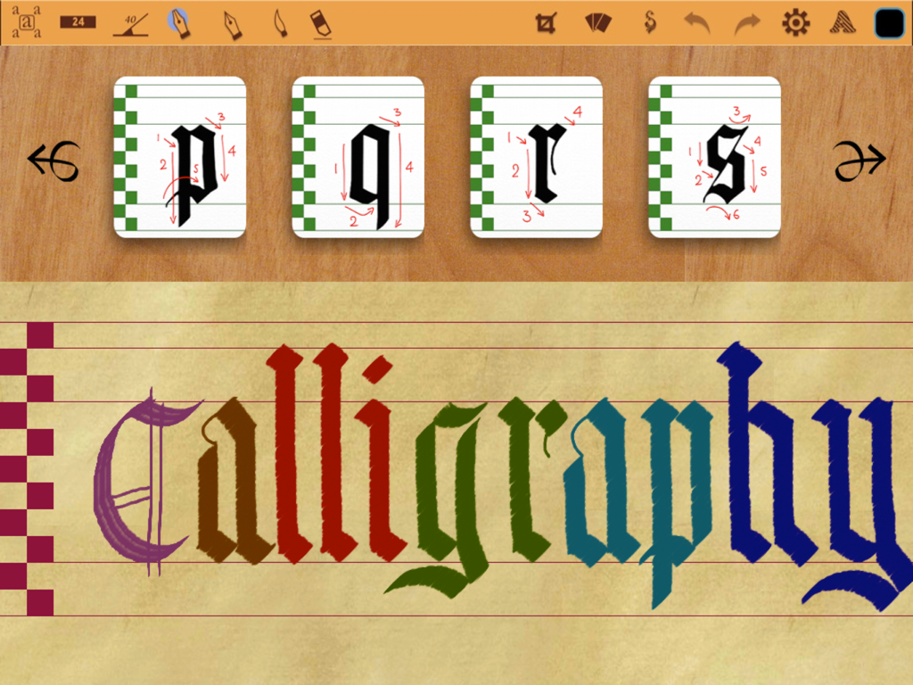 Calligraphy Art - Calligraphy Art app showing stroke guidelines for letters and colorful gothic style text