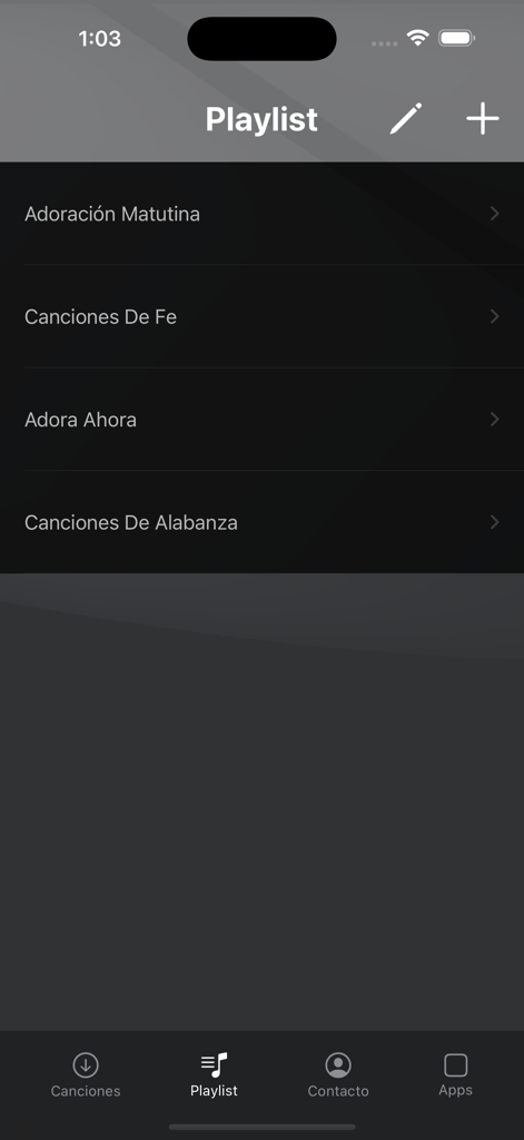 AdoraMúsica - Playlist screen of the AdoraMúsica app featuring various Christian worship song lists in Spanish