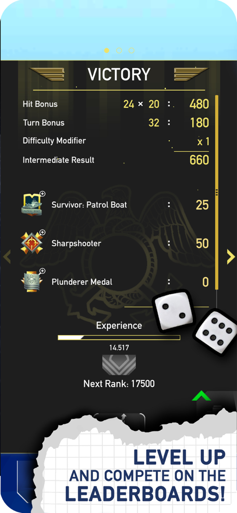 Fleet Battle: Sea Battle game - Victory screen of the Fleet Battle naval strategy game showing rewards and level up progress
