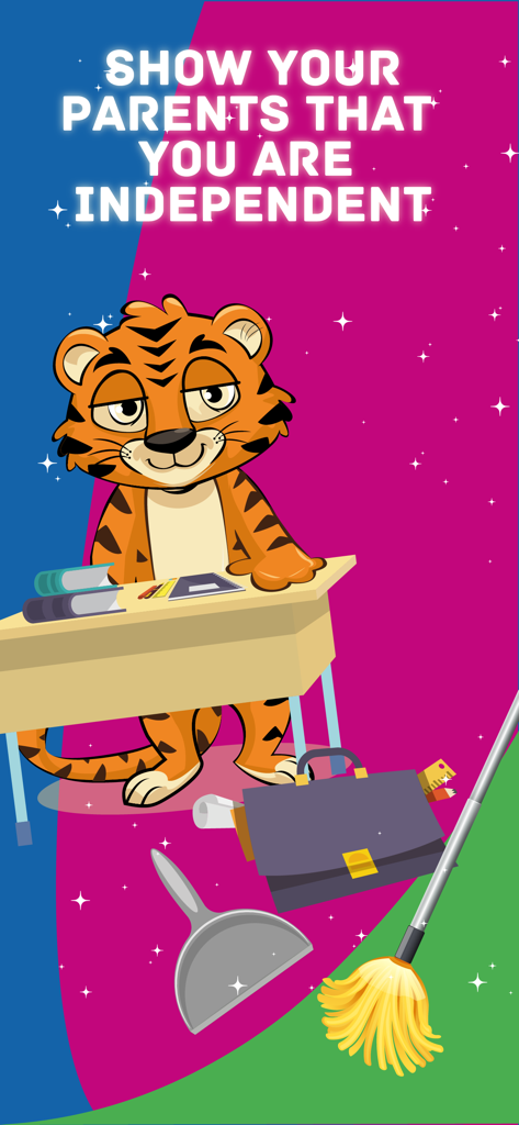 Tigrow! by Kid Security - 学校の机に座ったカートゥーントラのマスコット。お子様が親に自立心を示すことを奨励するテキストが表示されています。