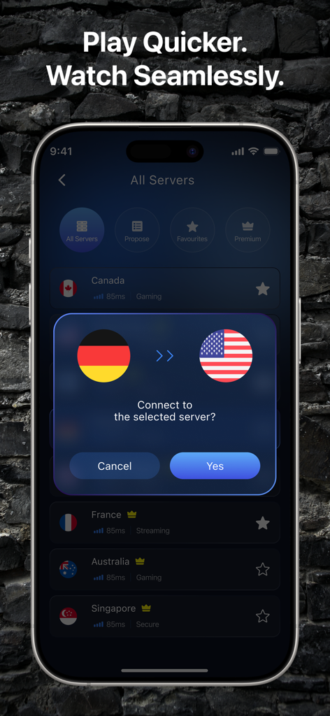 Turret VPN - Turret VPN app interface on an iPhone showing a list of global servers and a connection prompt.