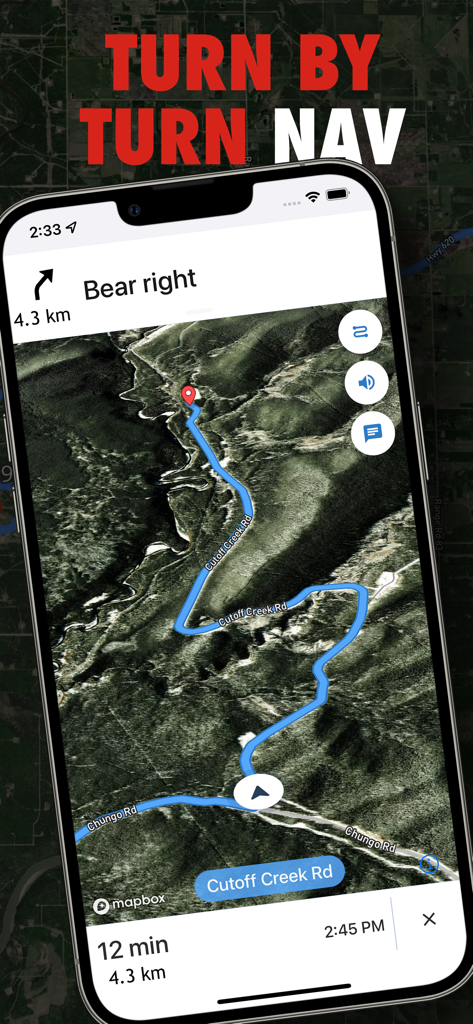 A screenshot of the OilTrails app showing turn-by-turn navigation on a satellite map for oil and gas field locations.