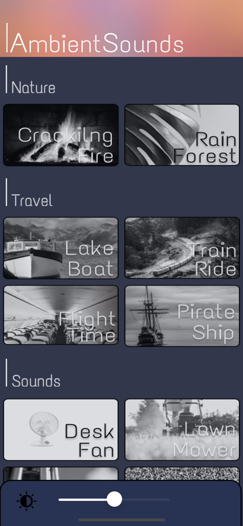 Ambient Sleep - Ambient Sleep app interface showing categories for nature travel and ambient sounds