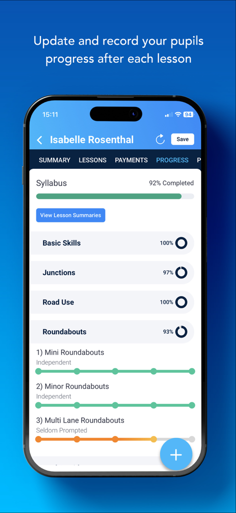 Total Drive app interface displaying detailed driving pupil progress and syllabus completion percentages