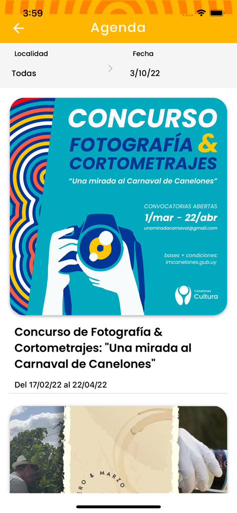 Turismo Canelones - Uma captura de tela do aplicativo móvel Turismo Canelones mostrando a agenda de eventos com um pôster de concurso de fotografia e curta-metragem para o carnaval local.