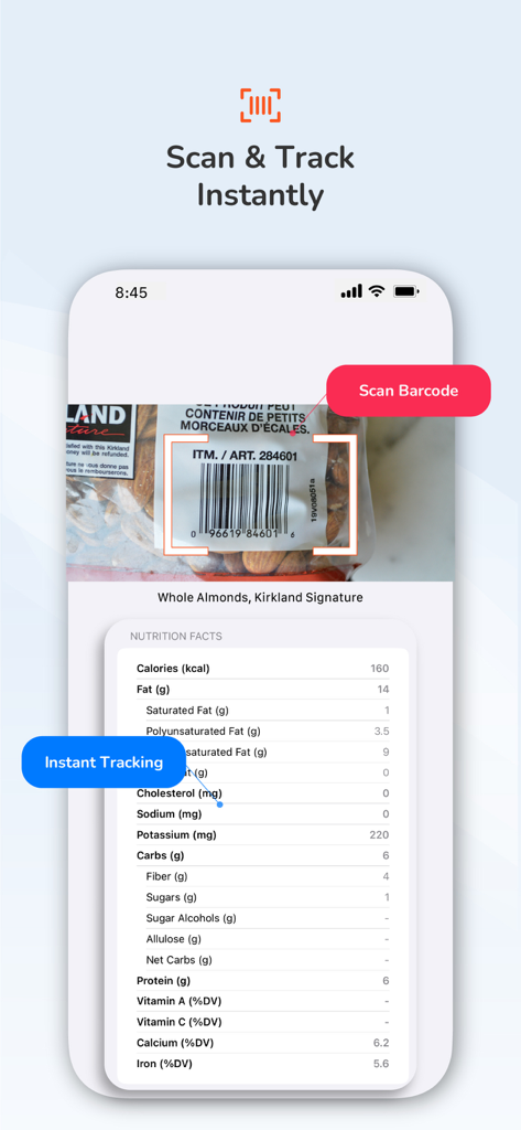 Calorie Counter by Pro Tracker - iPhone screen showing the calorie counter app scanning a Kirkland almond package barcode to display instant nutrition facts.