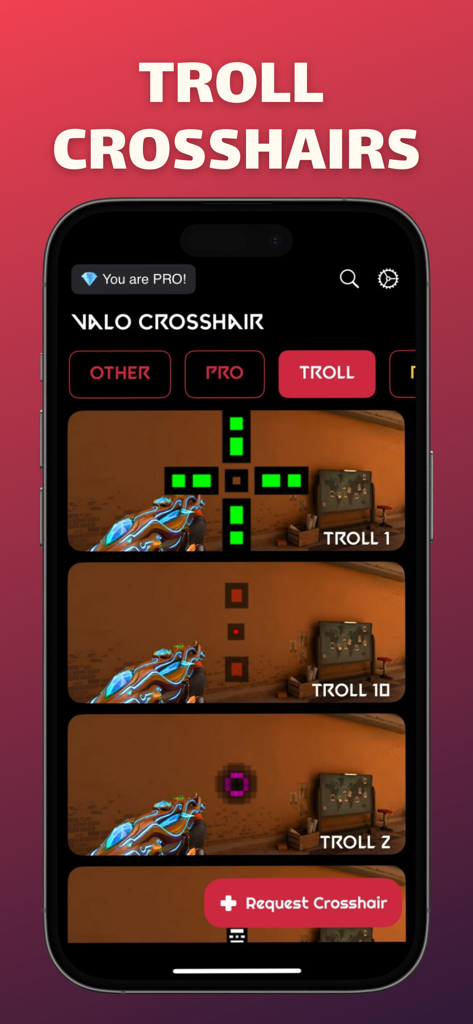 A mobile app screen showing a variety of unique and funny troll crosshair designs for Valorant.