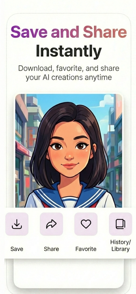 AI Photo Generator. - Bildschirm der KI-Fotogenerator-App, der ein KI-generiertes Anime-Porträt mit Optionen zum Speichern und Teilen zeigt