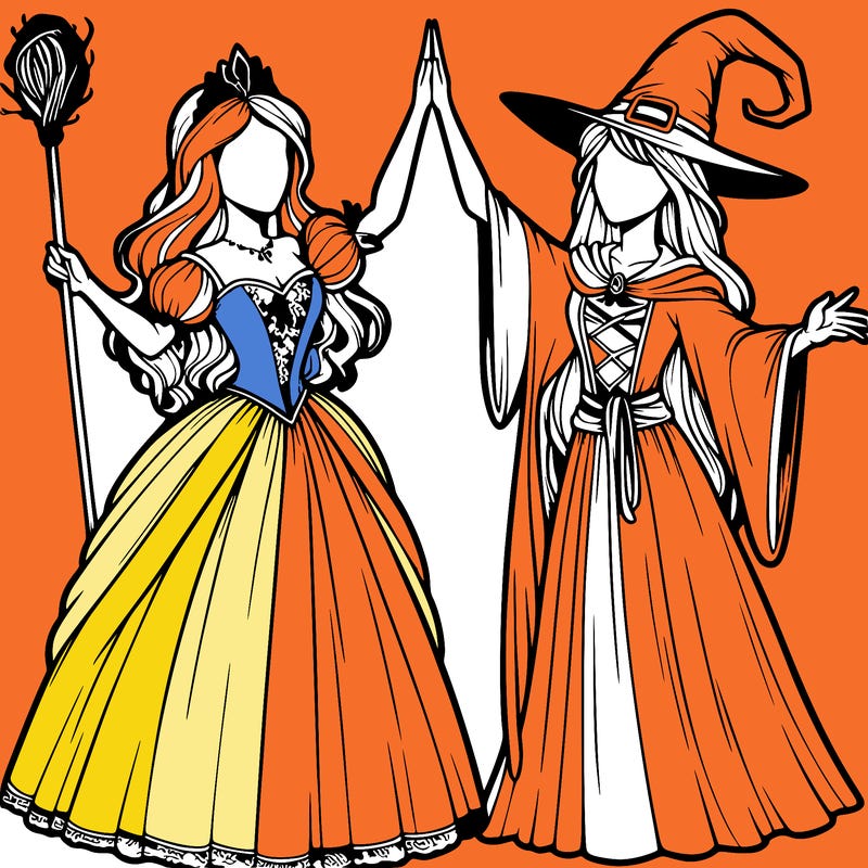 detailed realistic split of a princess and a witch