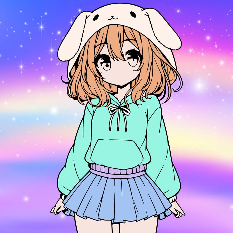 pretty anime girl wearing a fluffy hoodie with bunny ears on the hood and a skirt